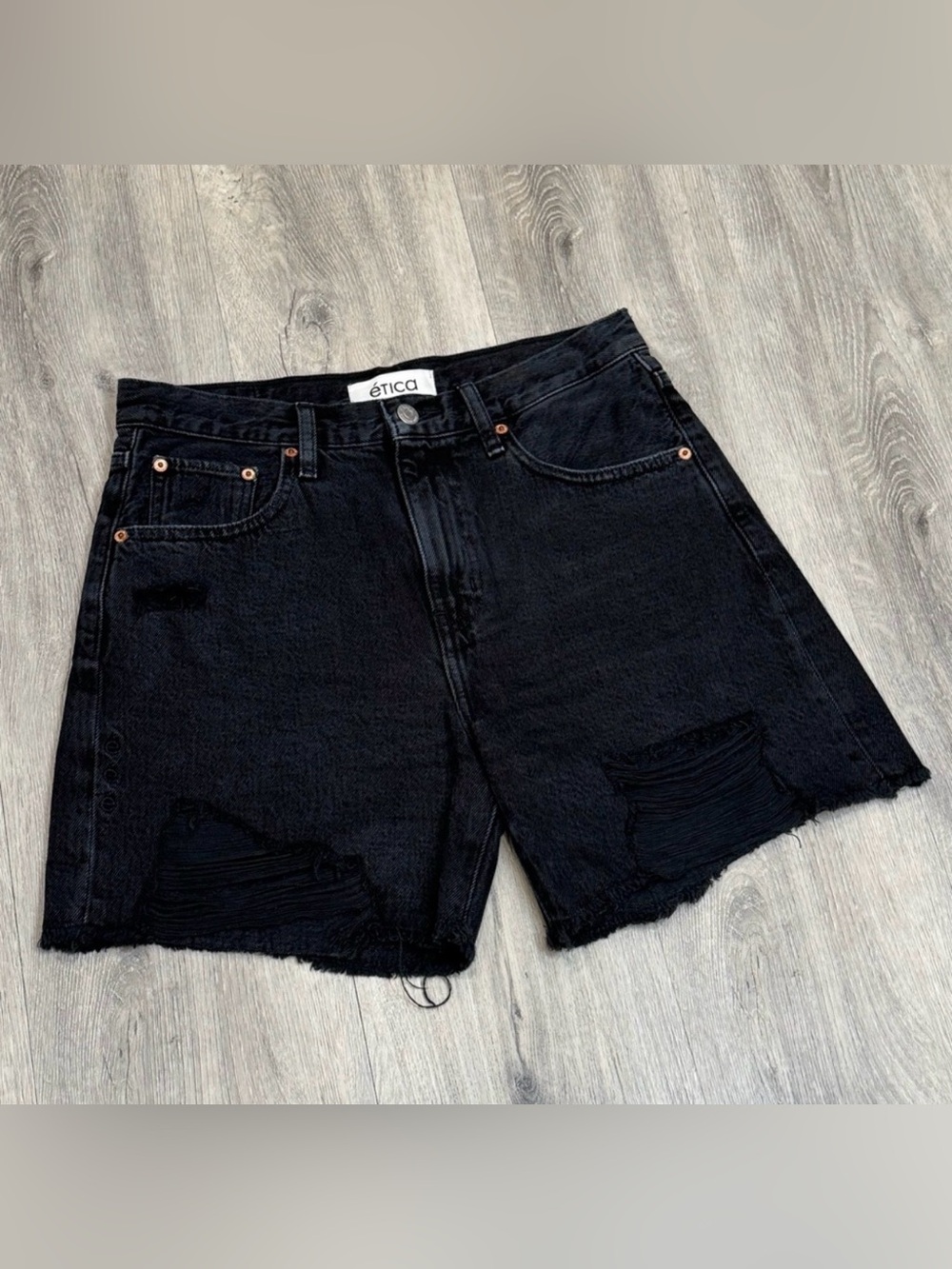 Ética Casual Black Distressed Denim Summer Jean Shorts with Raw Hem